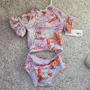 6-12 Month Janie and Jack Pink Floral Ruffle Two-Piece Rash Guard Swimsuit- NWT